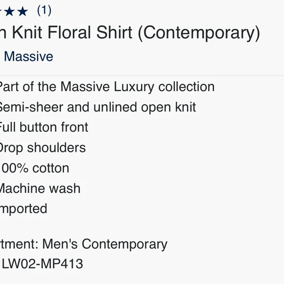 Massive Luxury  Open Knit Floral Shirt (Contemporary)
Super Massive size L Nwt - Picture 7 of 7